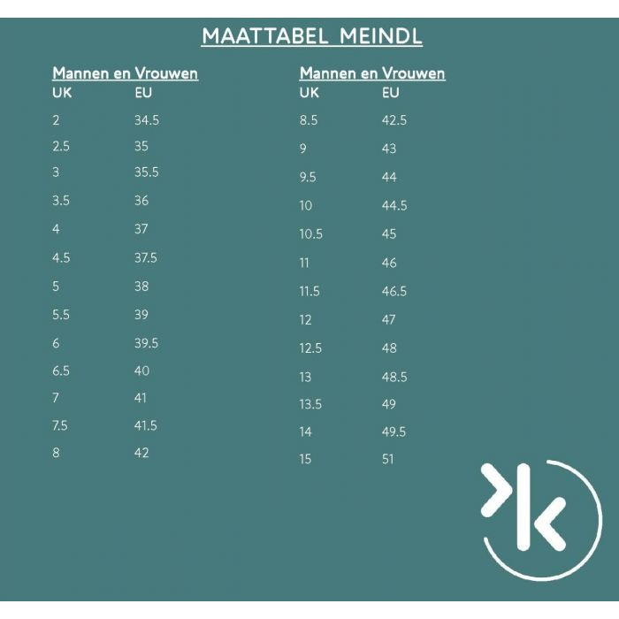 Meindl maattabel outlet